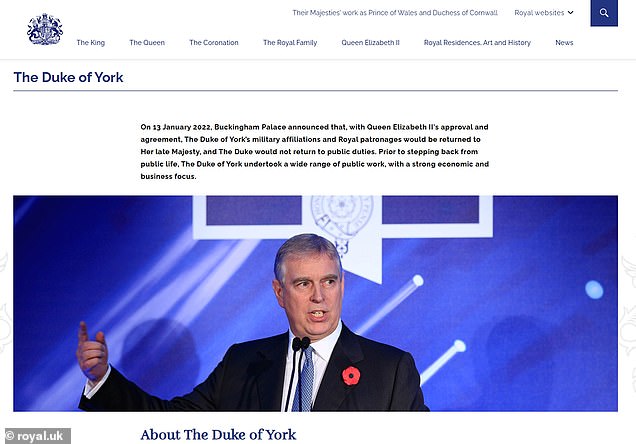 Today all references to the Duke of York have been axed from royal.uk and he is now referred to as Prince Andrew throughout.