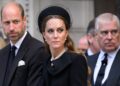 LONDON, ENGLAND - SEPTEMBER 16: Prince William, Prince of Wales, Catherine, Princess of Wales and Prince Andrew, Duke of York depart after the Requiem Mass service for the Duchess of Kent at Westminster Cathedral on September 16, 2025 in London, England. Katharine, Duchess of Kent was married to Prince Edward, Duke of Kent, the first cousin of Queen Elizabeth II. She died on September 4 at the age of 92 at Kensington Palace surrounded by her family. Having converted to Catholicism in 1994, her funeral takes place at Westminster Cathedral and is the first Catholic funeral to be held for a member of the royal family in modern British history. Her Royal Highness will be laid to rest at the Royal Burial Ground at Frogmore, Windsor. (Photo by Karwai Tang/WireImage)