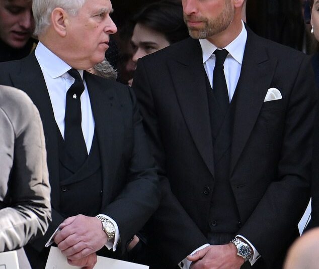 Prince William is considering formally stripping Prince Andrew (pictured together at the Duchess of Kent's funeral last month) of his Prince, HRH and Duke of York titles when he ascends to the throne, it's claimed