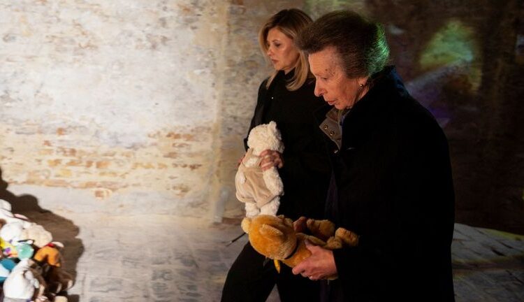 The Princess Royal and First Lady Olena Zelenska laid soft toys during a visit to a memorial for children killed in the war. Pic: PA