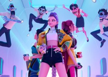 Animation of three Korean singers about to be attacked by four demons