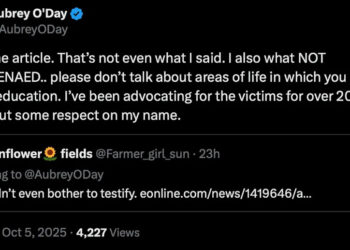 Tweet by Aubrey O'Day responding to a comment about not testifying, defending her advocacy work for victims over 20 years.