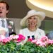 ASCOT, UNITED KINGDOM - JUNE 20: (EMBARGOED FOR PUBLICATION IN UK NEWSPAPERS UNTIL 24 HOURS AFTER CREATE DATE AND TIME) Tom Parker Bowles, Queen Camilla (wearing the Courtauld Thomson Scallop-Shell Brooch, which was worn by both Queen Elizabeth, The Queen Mother and Queen Elizabeth II) and King Charles III watch the racing on day one of Royal Ascot 2023 at Ascot Racecourse on June 20, 2023 in Ascot, England. (Photo by Max Mumby/Indigo/Getty Images)