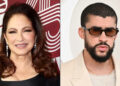 Split image. Left: Gloria Estefan smiling in a black dress. Right: Bad Bunny in sunglasses and a beige suit.