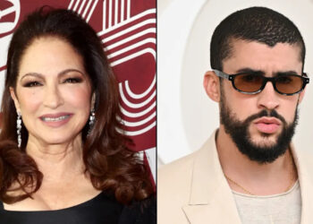 Split image. Left: Gloria Estefan smiling in a black dress. Right: Bad Bunny in sunglasses and a beige suit.