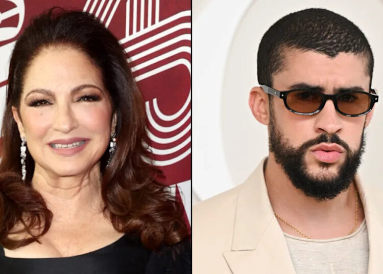 Split image. Left: Gloria Estefan smiling in a black dress. Right: Bad Bunny in sunglasses and a beige suit.