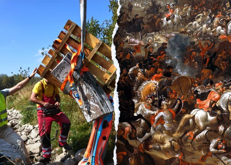 Split image of excavation and Battle of Warsaw painting depicting Swedish deluge