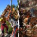 Split image of excavation and Battle of Warsaw painting depicting Swedish deluge