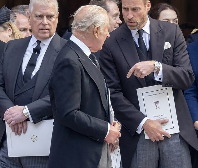 Prince William is the driving force behind acting decisively to strip Andrew of his dukedom and other honours, Andrew Lownie has claimed (Pictured: with Andrew at the Duchess of Kent's funeral last month)