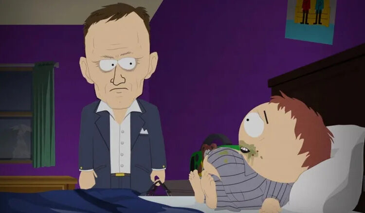 Peter Thiel conversing with a bed-ridden Eric Cartman in South Park