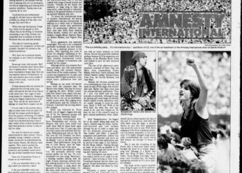 Rock 'n' roll stars raise their voices in protest at Amnesty International concert at Giants Stadium story appeared in the Asbury Park Press on June 16, 1986.