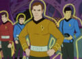 Scotty, McCoy, Kirk, and Spock in yellow force fields in Star Trek: The Animated Series