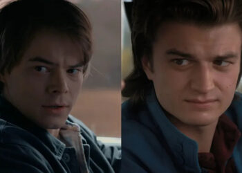 At separate points in Season 2 of Stranger Things, Jonathan and Steve talk to Nancy from the driver's seat of a car.