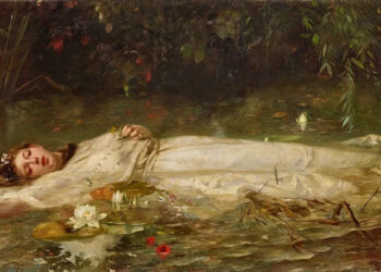 Friedrich Heyser: Ophelia, ca. 1900. A serene depiction of a figure lying in water surrounded by nature.