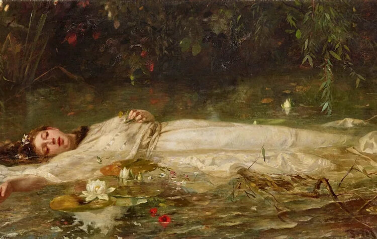 Friedrich Heyser: Ophelia, ca. 1900. A serene depiction of a figure lying in water surrounded by nature.