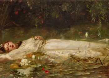 Friedrich Heyser: Ophelia, ca. 1900. A serene depiction of a figure lying in water surrounded by nature.