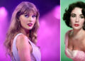 Taylor Swift performing onstage, looking over her shoulder in London, August 2024; Elizabeth Taylor wearing a pink top, posing for a photo circa 1950.
