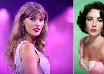 Taylor Swift performing onstage, looking over her shoulder in London, August 2024; Elizabeth Taylor wearing a pink top, posing for a photo circa 1950.