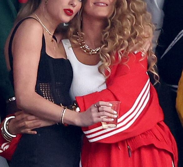 Taylor Swift's falling-out with Blake comes after DailyMail.com exclusively reported that the Gossip Girl star, 37, threatened to leak embarrassing private text messages unless the singer publicly backed her in her fight against Justin Baldoni; pictured together in February 2024 in Las Vegas