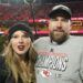 Kansas City Chiefs tight end Travis Kelce and singer Taylor Swift stand on the field after the Chiefs defeated the Buffalo Bills in January. File Photo by Jon Robichaud/UPI.