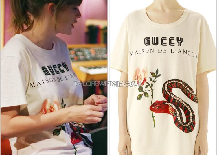 Taylor Swift wearing a Gucci t-shirt in the Miss Americana documentary