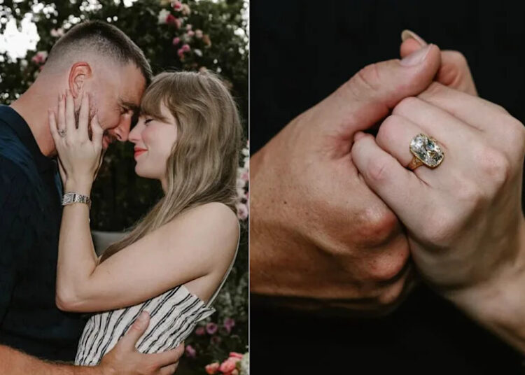 A couple embracing outdoors; the woman shows an engagement ring on her hand.