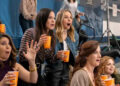 Beth Dover as Talia, Jackie Tohn as Esther, Kristen Bell as Joanne, Elise Greene as Leah, Rachel Rosenbloom as Rachel in episode 107 of Nobody Wants This.