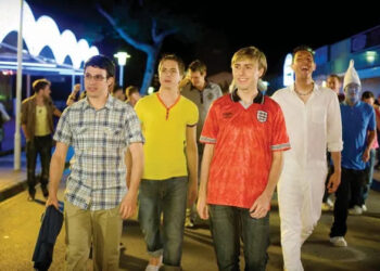 The cast of The Inbetweeners pictured on the set of the first movie