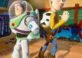 Two animated characters, a cowboy and a space ranger, stand back-to-back with confident poses in a colorful room
