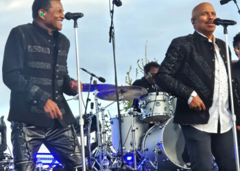 Jackie Jackson, left, and Marlon Jackson perform as the Jacksons on grand opening day at Ralph Wilson Park in Detroit, Oct. 25, 2025.
