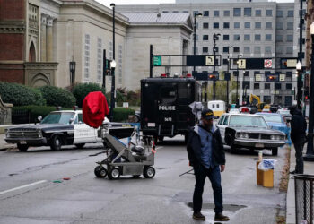 A scene is filmed for the movie "The Mastermind" in downtown Cincinnati, Nov. 19, 2024.