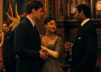 (L-R) Tom Bateman as George Tessman, Tessa Thompson as Hedda Gabler and Nicholas Pinnock as Judge Roland Brack in "Hedda."