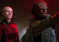 Worf pointing accusitorily with Picard behind him on Star Trek: The Next Generation
