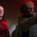 Worf pointing accusitorily with Picard behind him on Star Trek: The Next Generation