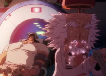 Vegapunk cries his eyes out while Kuma lies in a lab chair in One Piece