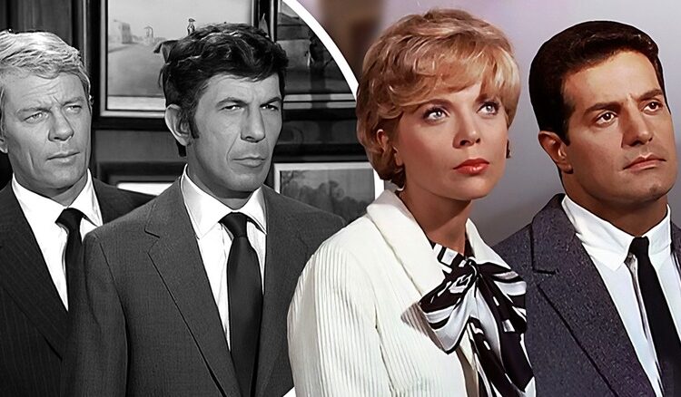 Mission: Impossible actors in scenes from the show: Peter Graves and Leonard Nimoy on the left in black and white, Barbara Bain and Peter Lupus on the right in color