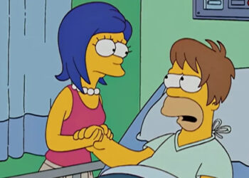 The Simpsons, young Marge and Homer in the '90s, Marge consoling Homer in his hospital bed