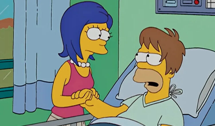 The Simpsons, young Marge and Homer in the '90s, Marge consoling Homer in his hospital bed