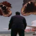 A man in a black suit seen from behind staring at two circle teeth monsters on The Langoliers