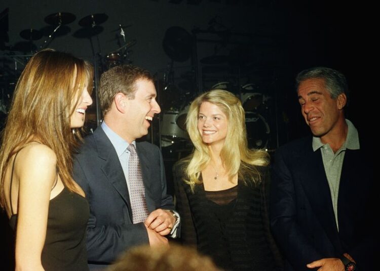Melania Trump, Prince Andrew, Gwendolyn Beck and Jeffrey Epstein at a party at the Mar-a-Lago club, Palm Beach, Florida, on February 12, 2000.