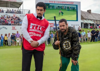 (L to R) Benito Antonio Martínez Ocasio as Oscar Mejias and Adam Sandler as Happy Gilmore in Happy Gilmore 2.