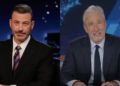 Jimmy Kimmel sitting at desks on their respective shows.