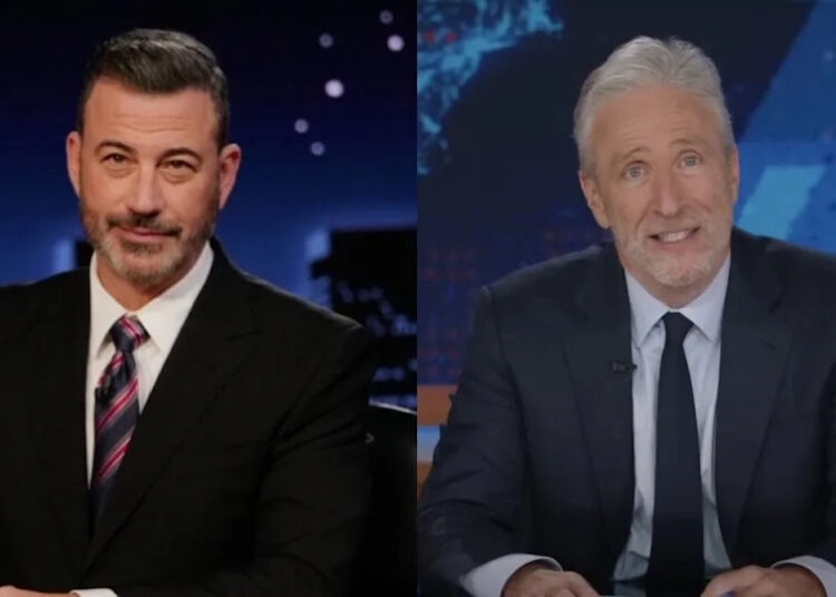 Jimmy Kimmel sitting at desks on their respective shows.