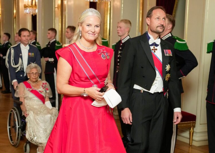 The Crown Prince and Crown Princess of Norway attend a gala dinner for members of Norway's parliament, the Storting, at the Royal Palace in Oslo on October 23, 2025 (Terje Bendiksby/NTB/Alamy)