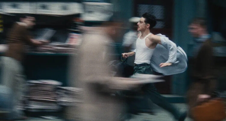 Timothée Chalamet in a scene from Josh Safdie's new ping-pong movie "Marty Supreme."