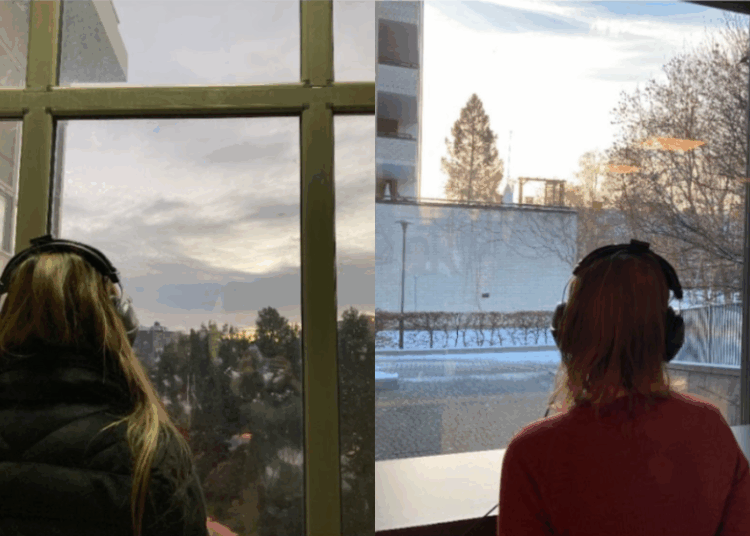 Photo collage of two pictures of females with headphones looking out of a window.