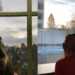 Photo collage of two pictures of females with headphones looking out of a window.
