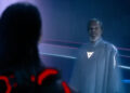 Jeff Bridges as Flynn looking at Jared Leto as Ares in Tron: Ares