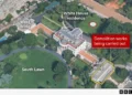 An annotated satellite image shows the location of demolition works that have occurred on the White House East Wing, relative to the main residence and the South Lawn