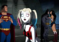 Kaley Cuoco's Harley Quinn standing in front of Superman, Batman, and Wonder Woman in Harley Quinn